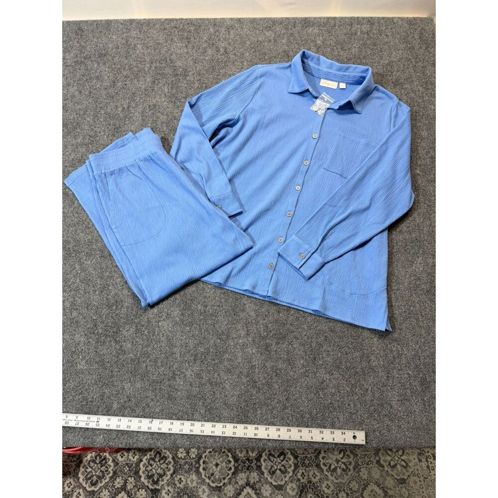 Belle by Kim Gravel 2 Piece Set Women L Blue Button Shirt Wide Leg Pants Travel - Picture 3 of 15